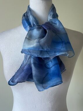 Blue Gradient Silk- Like Feel Floral Print Square Scarf EUC